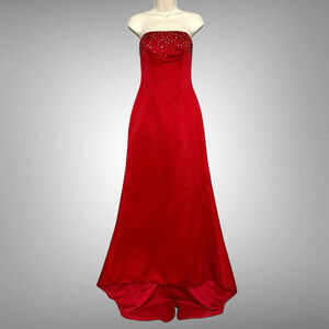 Vintage Cache Womens Dress 4 Red Satin Rhinestones Beads Train Dance Pagent Prom